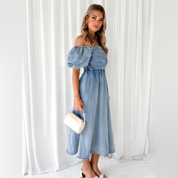 Off-Shoulder Balloon Sleeve Denim Dress - Picture 2 of 5